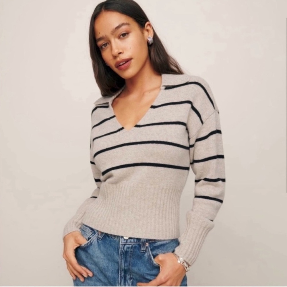 Reformation Beckie collared cashmere sweater. Beige and Black Striped